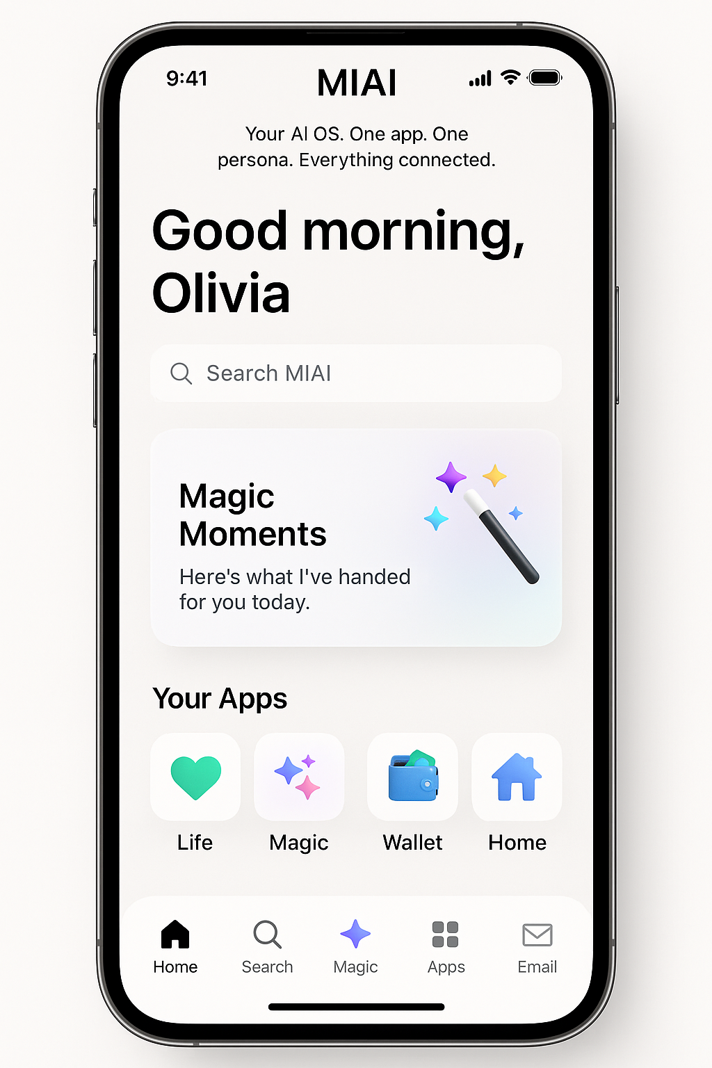MIAI app interface showing Good morning, Olivia