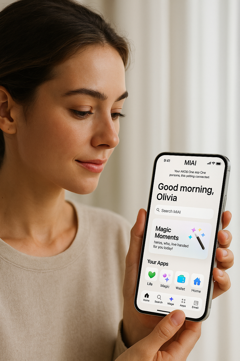 Woman using MIAI app on smartphone